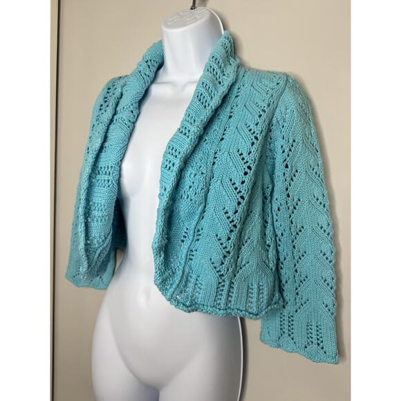 For The Republic Women’s Small Blue Open Knit Cardigan 100% Cotton Ruffle Shrug - Picture 9 of 11